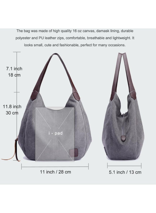 Women's Grey Canvas Multi-Pocket Hobo Shoulder Bag with PU Leather Handles - Image 3