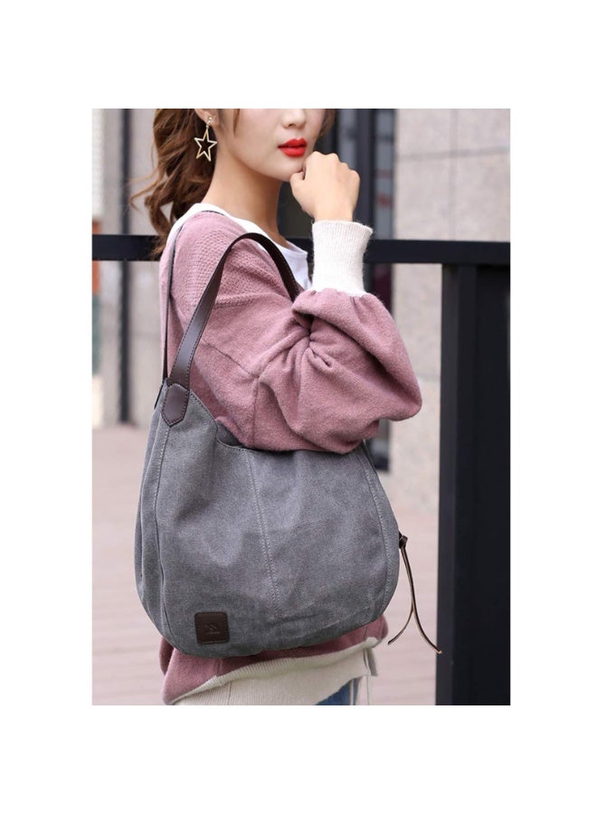 Women's Grey Canvas Multi-Pocket Hobo Shoulder Bag with PU Leather Handles - Image 5