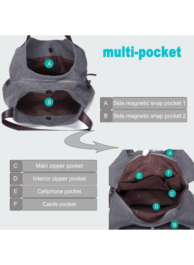 Women's Grey Canvas Multi-Pocket Hobo Shoulder Bag with PU Leather Handles - Image 2