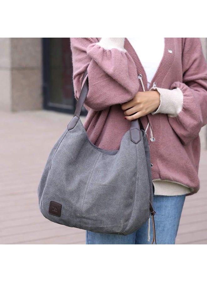 Women's Grey Canvas Multi-Pocket Hobo Shoulder Bag with PU Leather Handles - Image 4