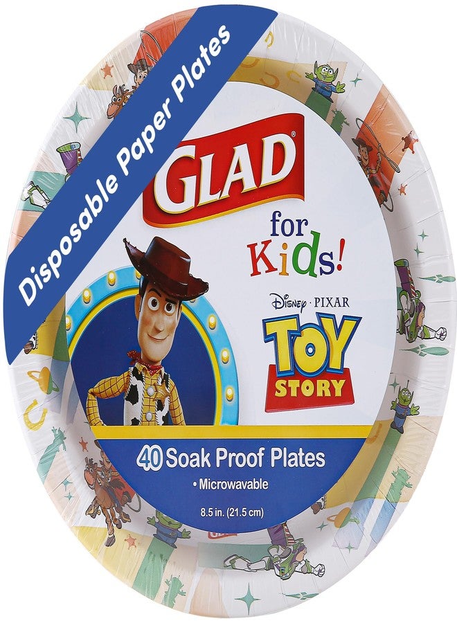 Glad for Kids Disney Pixar Toy Story Disposable Paper Plates, Light Beams - Heavy Duty, Soak Proof, Microwavable, Kid-Friendly Snack Plates for Everyday Use, 8.5 Inch, 40 Count - Image 1