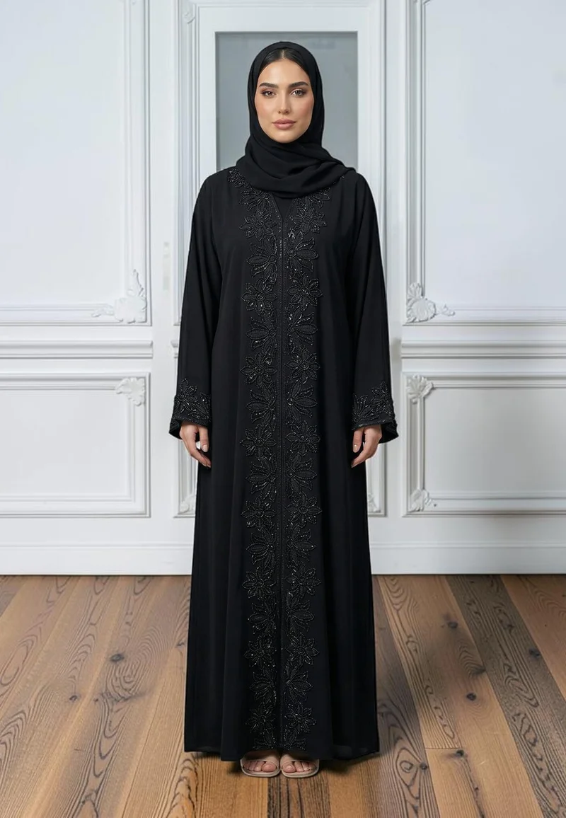 Elegance in Bloom: Two-Piece Beaded Abaya Set | Nida Fabric-2P863