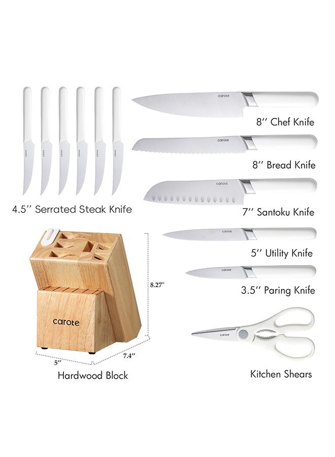 CAROTE 14 Piece Kitchen Chef Knife Set, Stainless Steel With Wooden Block Suitable For Home and Restaurants. Set includes: 1 Chef Knife, 1 Bread Knife, 1 Santoku Knife, 1 Utility Knife, 1 Paring Knife, 6 Steak Knives, 1 Kitchen Scissors in White - Image 2
