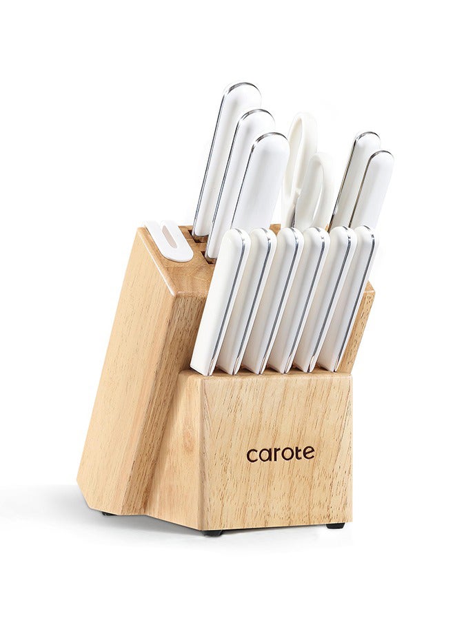 CAROTE 14 Piece Kitchen Chef Knife Set, Stainless Steel With Wooden Block Suitable For Home and Restaurants. Set includes: 1 Chef Knife, 1 Bread Knife, 1 Santoku Knife, 1 Utility Knife, 1 Paring Knife, 6 Steak Knives, 1 Kitchen Scissors in White - Image 1