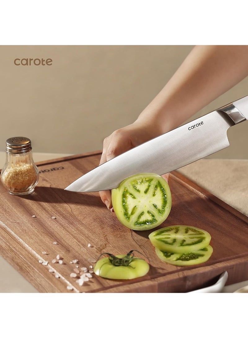 CAROTE 14 Piece Kitchen Chef Knife Set, Stainless Steel With Wooden Block Suitable For Home and Restaurants. Set includes: 1 Chef Knife, 1 Bread Knife, 1 Santoku Knife, 1 Utility Knife, 1 Paring Knife, 6 Steak Knives, 1 Kitchen Scissors in White - Image 3