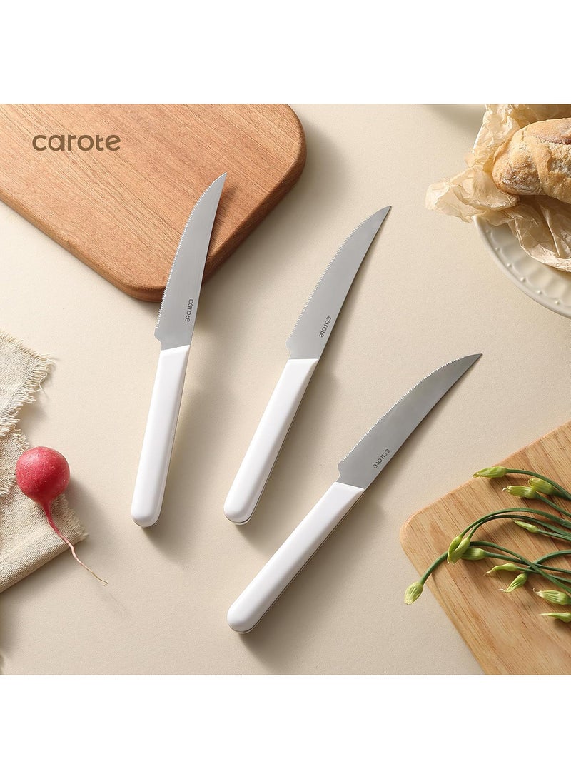 CAROTE 14 Piece Kitchen Chef Knife Set, Stainless Steel With Wooden Block Suitable For Home and Restaurants. Set includes: 1 Chef Knife, 1 Bread Knife, 1 Santoku Knife, 1 Utility Knife, 1 Paring Knife, 6 Steak Knives, 1 Kitchen Scissors in White - Image 4