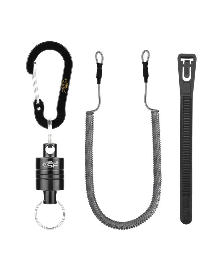 SF Strongest Magnetic Release Holder Keychain Fly Fishing Net Retractor Magnet Clip with Coiled Lanyard Carabiner - Black - Image 1