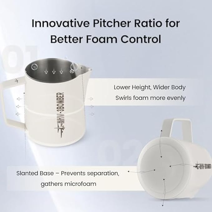 ام اتش دابيلو - ثري بومبار إبريق إسبرسو بخاري، إبريق رغوة الحليب، من الفولاذ المقاوم للصدأ، قهوة حليب كابتشينو لاتيه، كوب باريستا 135 أونصة 400 مل P5019W - Image 5