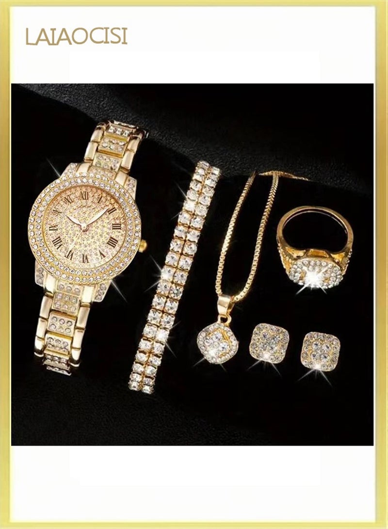 لياوسيسي ساعة نسائية فاخرة بلينغ مزينة بالكريستال بالكامل مع طقم مجوهرات ذهبي - Image 1