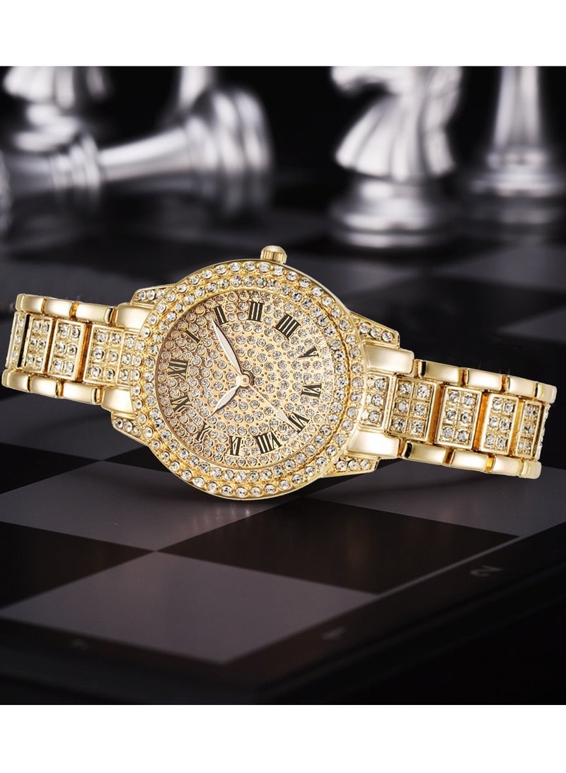 لياوسيسي ساعة نسائية فاخرة بلينغ مزينة بالكريستال بالكامل مع طقم مجوهرات ذهبي - Image 2