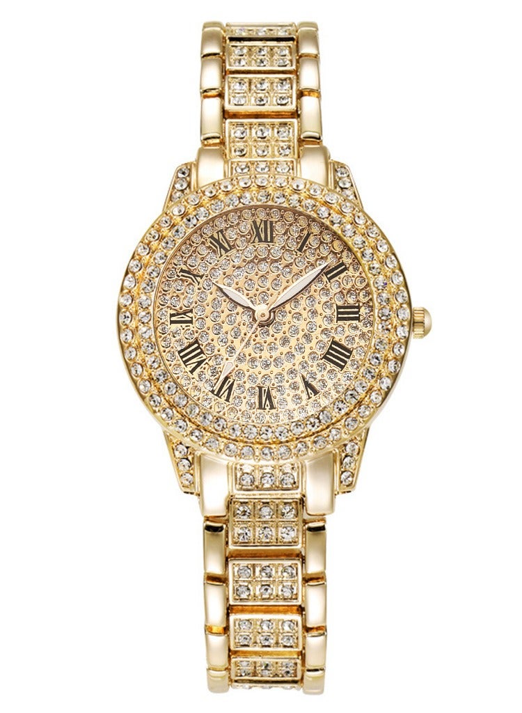 لياوسيسي ساعة نسائية فاخرة بلينغ مزينة بالكريستال بالكامل مع طقم مجوهرات ذهبي - Image 3