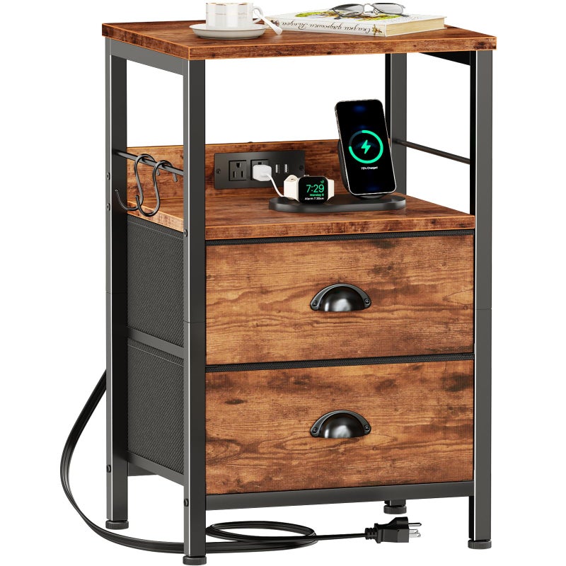 Furologee End Table with Charging Station Nightstand with Fabric Drawers Side Table with USB Ports Outlets Night Stand with Storage Shelf Hooks for Living RoomBedroom Rustic Brown