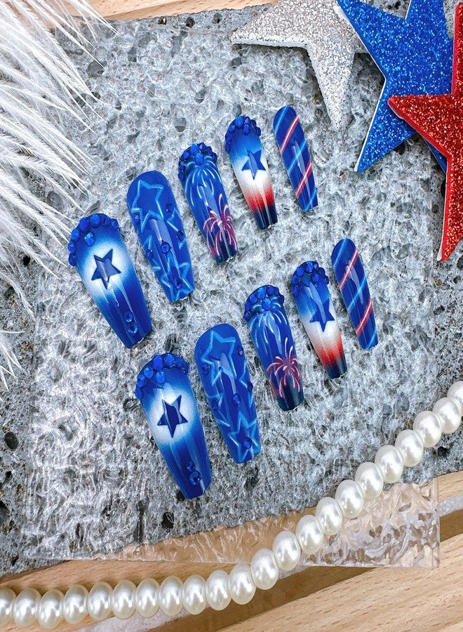 FDSQHSA 24pcs 4th of July Press on Nails Medium Square French Fake Nails with Rhinestones Designs Independence Day Star False Nails Patriotic Acrylic Nails Blue Full Cover Glue on Nails for Women - Image 3