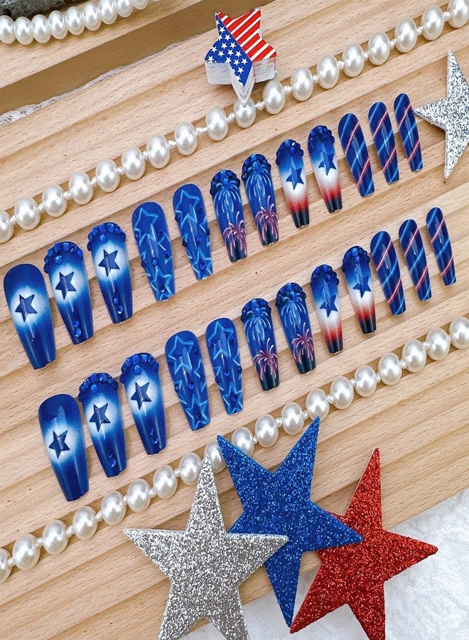 FDSQHSA 24pcs 4th of July Press on Nails Medium Square French Fake Nails with Rhinestones Designs Independence Day Star False Nails Patriotic Acrylic Nails Blue Full Cover Glue on Nails for Women - Image 2