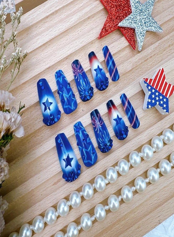 FDSQHSA 24pcs 4th of July Press on Nails Medium Square French Fake Nails with Rhinestones Designs Independence Day Star False Nails Patriotic Acrylic Nails Blue Full Cover Glue on Nails for Women - Image 5