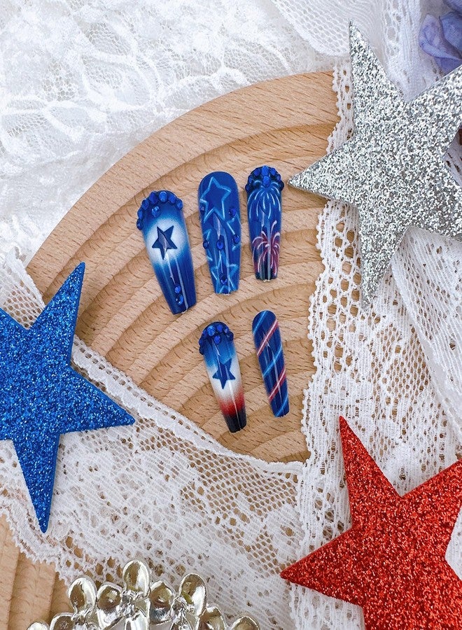 FDSQHSA 24pcs 4th of July Press on Nails Medium Square French Fake Nails with Rhinestones Designs Independence Day Star False Nails Patriotic Acrylic Nails Blue Full Cover Glue on Nails for Women - Image 4