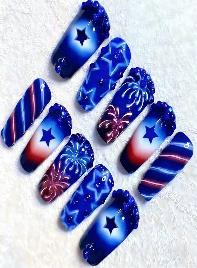 FDSQHSA 24pcs 4th of July Press on Nails Medium Square French Fake Nails with Rhinestones Designs Independence Day Star False Nails Patriotic Acrylic Nails Blue Full Cover Glue on Nails for Women - Image 1