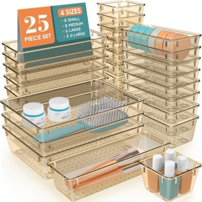 WOWBOX 25 PCS Clear Plastic Drawer Organizer Set, 4 Sizes Desk Drawer Divider Organizers and Storage Bins for Makeup, Jewelry, Gadgets for Kitchen, Bedroom, Bathroom, Office
