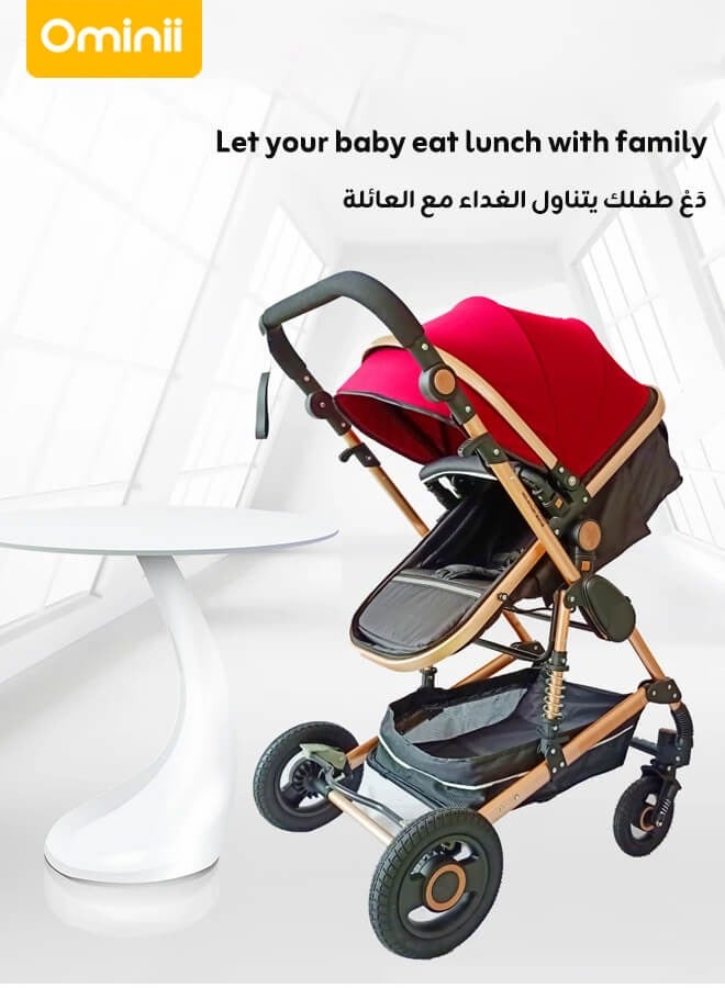 أوميني عربة أطفال فاخرة 2 في 1 – مهد واسع، هيكل ألومنيوم 3D، مقعد عالي 55 سم، عجلات PU مانعة للصدمات، طي بيد واحدة – مناسبة من الولادة حتى 36 شهرًا - Image 5