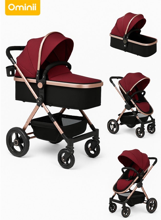 أوميني عربة أطفال فاخرة 2 في 1 – مهد واسع، هيكل ألومنيوم 3D، مقعد عالي 55 سم، عجلات PU مانعة للصدمات، طي بيد واحدة – مناسبة من الولادة حتى 36 شهرًا - Image 1