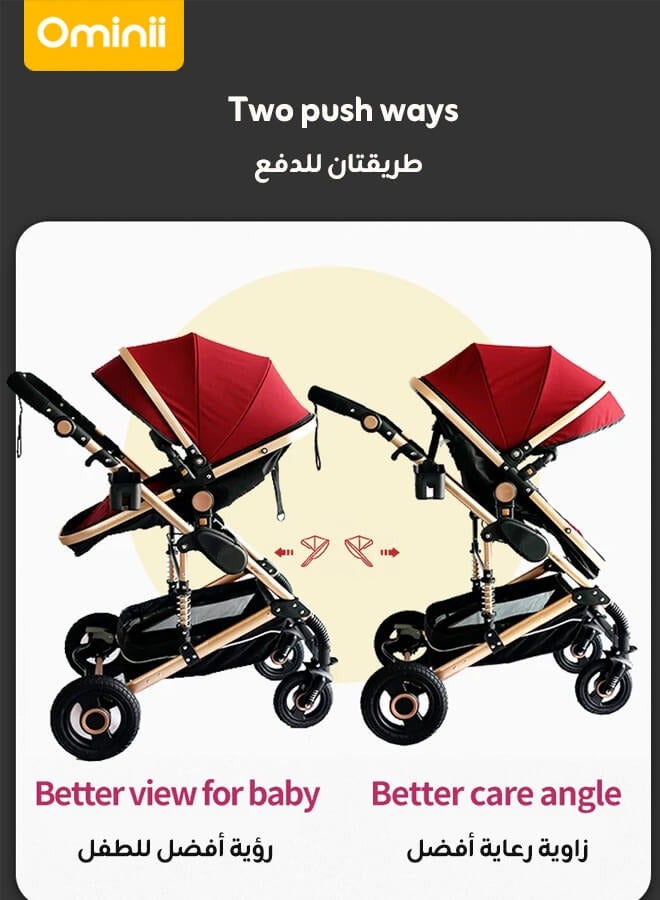 أوميني عربة أطفال فاخرة 2 في 1 – مهد واسع، هيكل ألومنيوم 3D، مقعد عالي 55 سم، عجلات PU مانعة للصدمات، طي بيد واحدة – مناسبة من الولادة حتى 36 شهرًا - Image 3