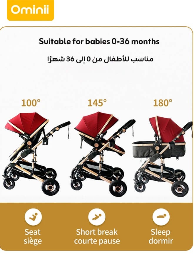 أوميني عربة أطفال فاخرة 2 في 1 – مهد واسع، هيكل ألومنيوم 3D، مقعد عالي 55 سم، عجلات PU مانعة للصدمات، طي بيد واحدة – مناسبة من الولادة حتى 36 شهرًا - Image 4
