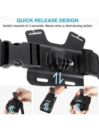مجموعة ملحقات كاميرا الحركة لكاميرات Insta 360 X5 وOne R وX وGoPro Hero 9، حامل حزام رأس سريع الفك + حزام تثبيت على الصدر + حامل مشبك على الظهر + حزام معصم يدور بزاوية 360 درجة - view 4