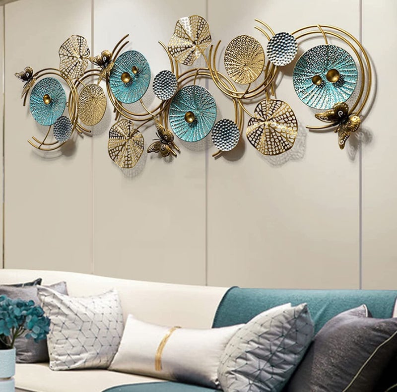 F-RIQA METAL® Metal Wall Art Floral Design with Butterfly Accents | Teal Gold Silver 3D Modern Wall Decor | Large Metal Wall Hanging for Living Room Bedroom Hallway Office (124 × 54 cm) - Image 4