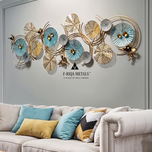 F-RIQA METAL® Metal Wall Art Floral Design with Butterfly Accents | Teal Gold Silver 3D Modern Wall Decor | Large Metal Wall Hanging for Living Room Bedroom Hallway Office (124 × 54 cm) - Image 1