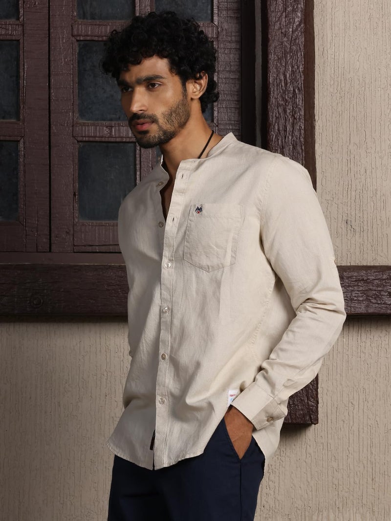 Thomas Scott 100% Cotton Linen Mandarin Collar Roll Up Sleeve Casual Shirts for Mens Beige - Image 2