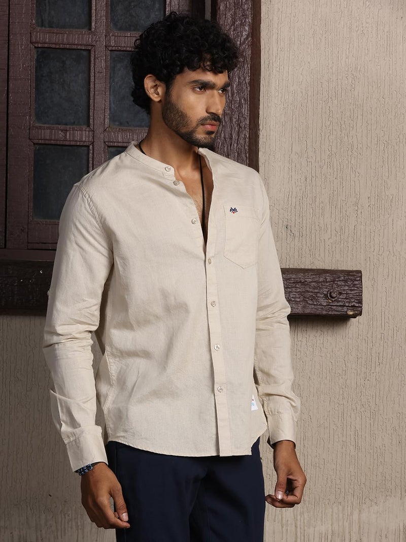 Thomas Scott 100% Cotton Linen Mandarin Collar Roll Up Sleeve Casual Shirts for Mens Beige - Image 3