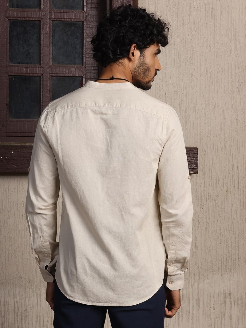 Thomas Scott 100% Cotton Linen Mandarin Collar Roll Up Sleeve Casual Shirts for Mens Beige - Image 4