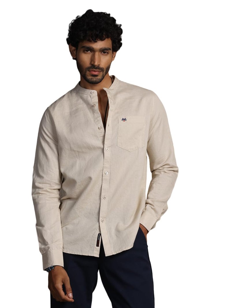 Thomas Scott 100% Cotton Linen Mandarin Collar Roll Up Sleeve Casual Shirts for Mens Beige - Image 1