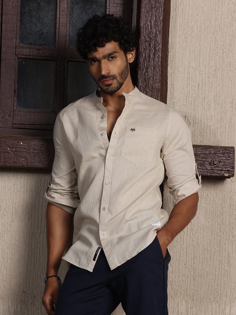 Thomas Scott 100% Cotton Linen Mandarin Collar Roll Up Sleeve Casual Shirts for Mens Beige - Image 5