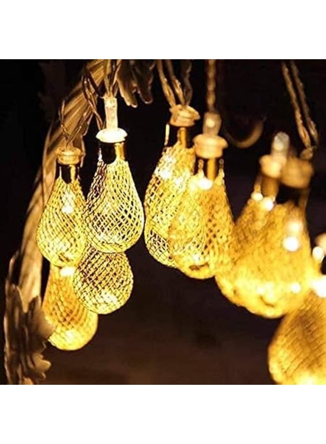 إضاءة LED ذهبية على شكل فوانيس رمضان - 10 مصابيح دافئة بتصميم شبكي معدني - زينة رمضان كريم والعيد للمنزل والمسجد والحفلات الإسلامية - Image 1