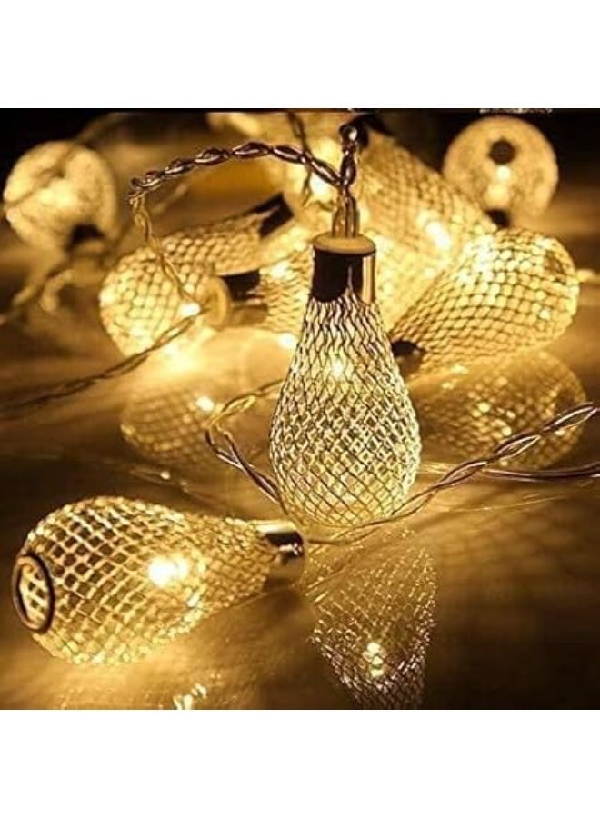 إضاءة LED ذهبية على شكل فوانيس رمضان - 10 مصابيح دافئة بتصميم شبكي معدني - زينة رمضان كريم والعيد للمنزل والمسجد والحفلات الإسلامية - Image 2
