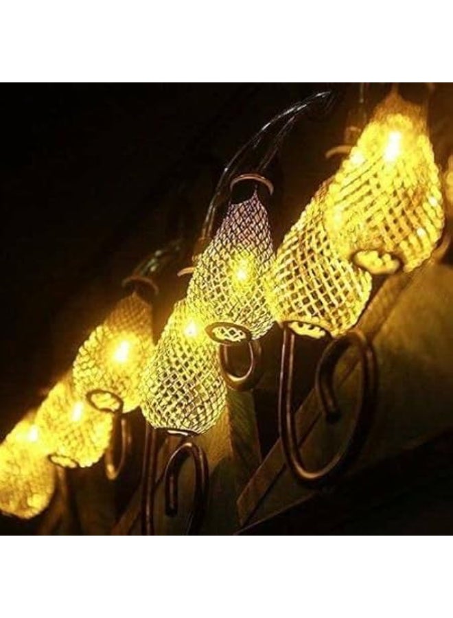 إضاءة LED ذهبية على شكل فوانيس رمضان - 10 مصابيح دافئة بتصميم شبكي معدني - زينة رمضان كريم والعيد للمنزل والمسجد والحفلات الإسلامية - Image 4