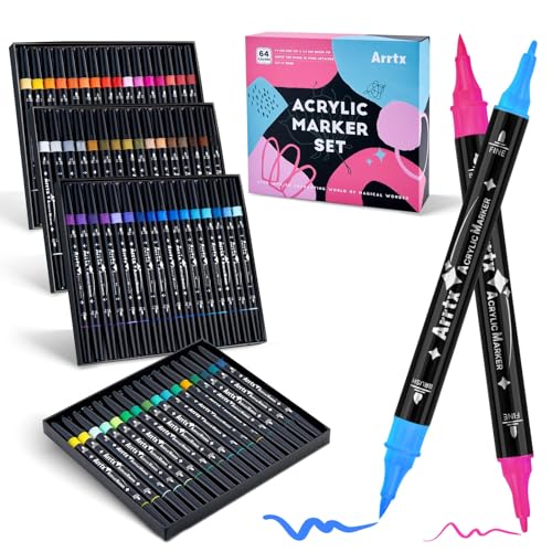 Arrtx Acrylic Paint Markers 64 Colors, Dual Tip Acrylic Paint Pens with Fine Tip and Brush Tip, Art Supplies for Rock Painting, Wood, Ceramic, Fabric, Glass, Card Making, DIY Crafts - Image 1