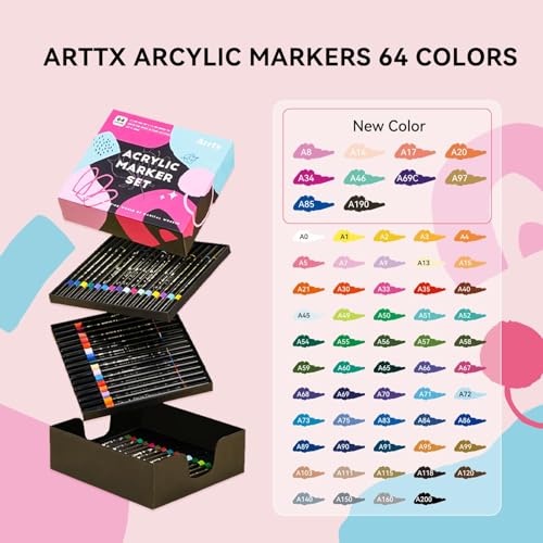 Arrtx Acrylic Paint Markers 64 Colors, Dual Tip Acrylic Paint Pens with Fine Tip and Brush Tip, Art Supplies for Rock Painting, Wood, Ceramic, Fabric, Glass, Card Making, DIY Crafts - Image 3