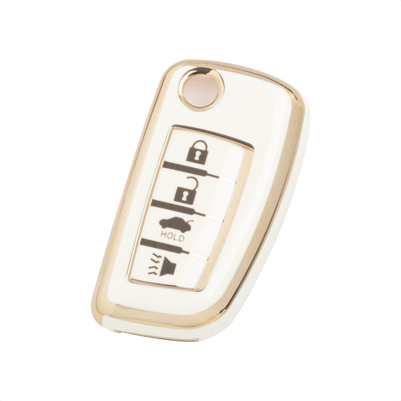 SK CUSTOM White TPU Gold Edge Smart Key Fob Case Protective Cover Compatible with Nissan Folding Key XTrail Juke F15 Rogue Qashqai J11 Tiida Murano Maxima 4 Button Keyless Entry Remote Accessories