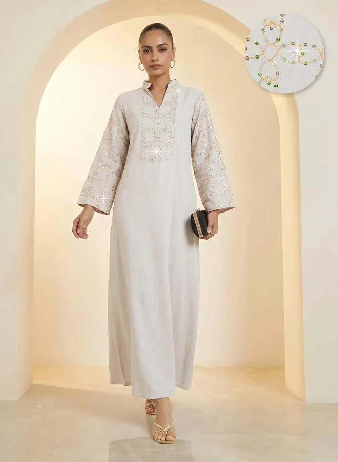 Amirah Beige Sequined Embroidery Long Sleeves Jalabiya