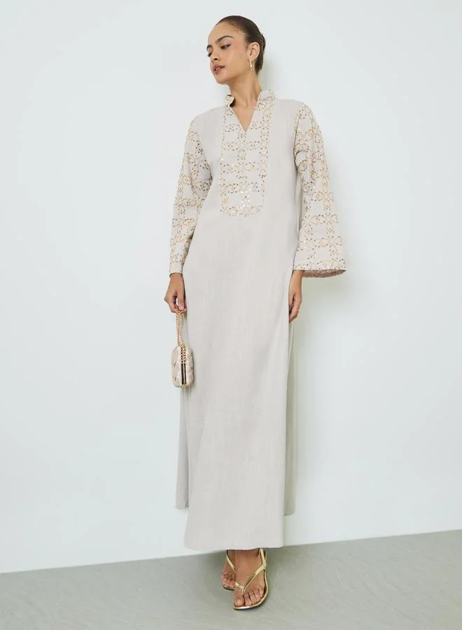 Amirah Beige Sequined Embroidery Long Sleeves Jalabiya