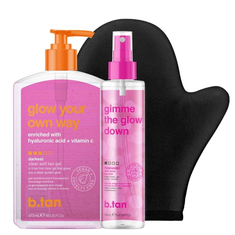b tan مجموعة جل التسمير الذاتي الشفاف ورذاذ الوجه من b.tan | مجموعة Glow Your Own Way + Mist - جل تسمير ذاتي مقاوم للتحول مع رذاذ تسمير ذاتي تدريجي للوجه، مع قفاز وضع للجسم - Image 1