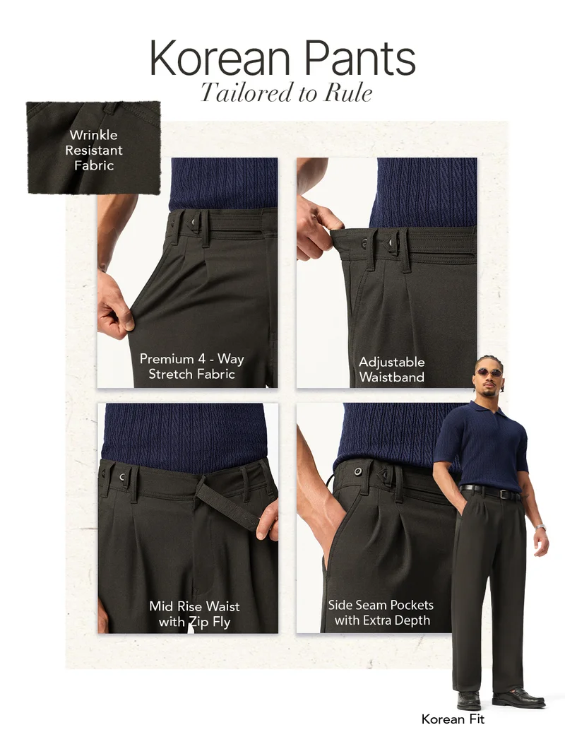 The Souled Store  The Souled Store Korean: Timber Men and Boys Solid Polyester Viscose Elastane Blend Straight Fit Pleated 4-Way Stretch Wrinkle Resistant Trousers  | Best Price UAE