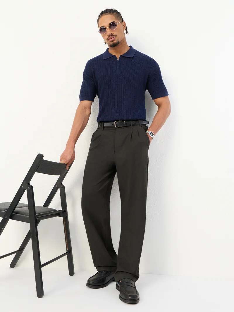 The Souled Store Korean: Timber Men and Boys Solid Polyester Viscose Elastane Blend Straight Fit Pleated 4-Way Stretch Wrinkle Resistant Trousers