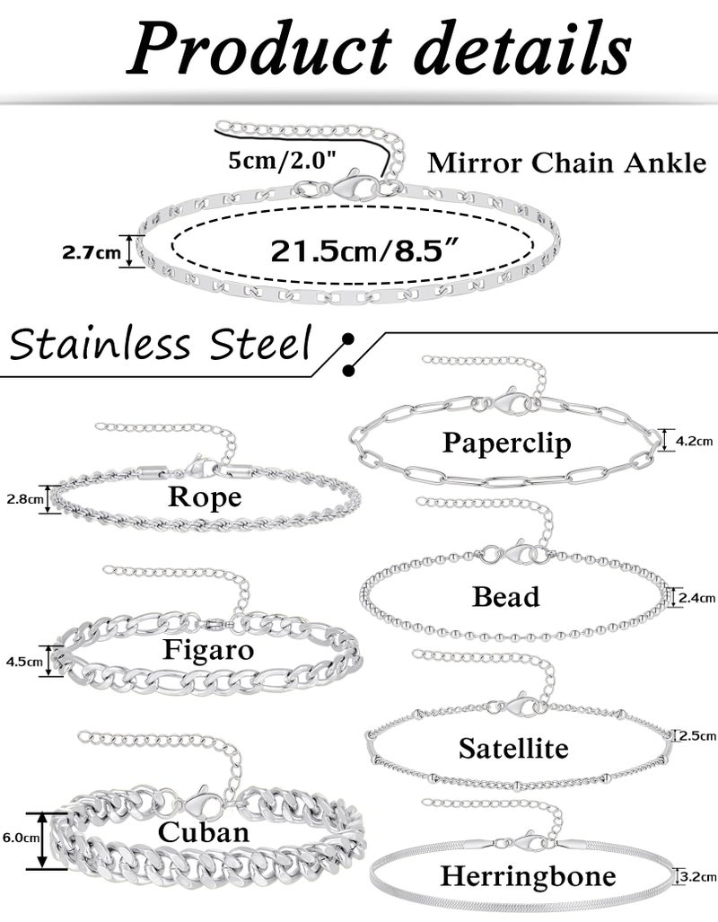 Tornito 8Pcs Ankle Bracelets for Women Stainless Steel Waterproof Layered Cuban Figaro Link Chain Rope Paperclip Herringbone Satellite Bead Anklets Set Summer Beach Jewelry Silver Tone 8.5 Inch - Image 2