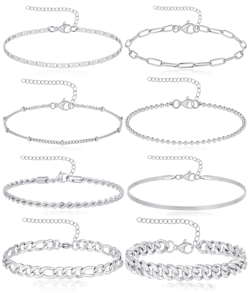 Tornito 8Pcs Ankle Bracelets for Women Stainless Steel Waterproof Layered Cuban Figaro Link Chain Rope Paperclip Herringbone Satellite Bead Anklets Set Summer Beach Jewelry Silver Tone 8.5 Inch - Image 1