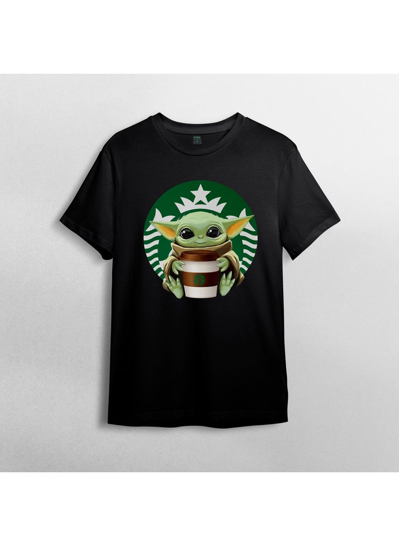 Pixxa - Baby Yoda Grogu Starbucks - Mandalorian 100% Cotton Crew Neck T-Shirt Model - 1 - Image 1