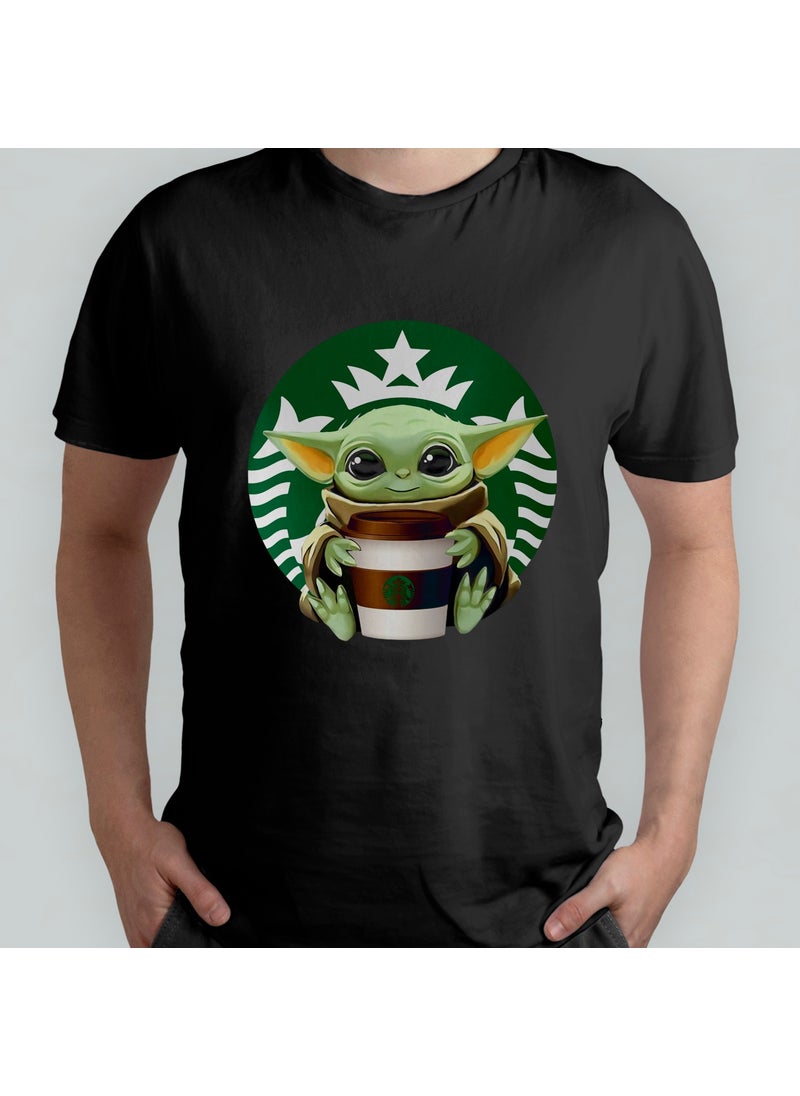 Pixxa - Baby Yoda Grogu Starbucks - Mandalorian 100% Cotton Crew Neck T-Shirt Model - 1 - Image 1