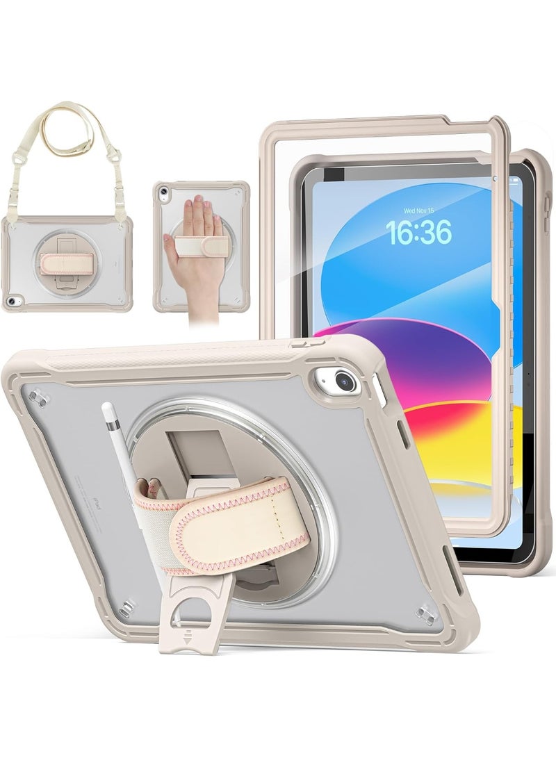 case for iPad (A16) 11th/10th Generation 11/10.9 inch 2025/2022,Rugged Shockproof Protective Cover with 360° Rotating Hand Strap/Stand,Screen Protector,Pencil Holder, pen, Grey - Image 1